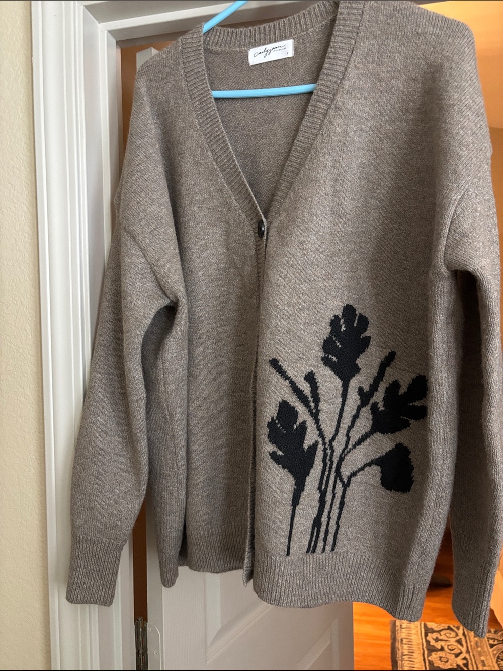 Carly Jean Los Angeles Taupe Cardigan with Black Floral Intarsia